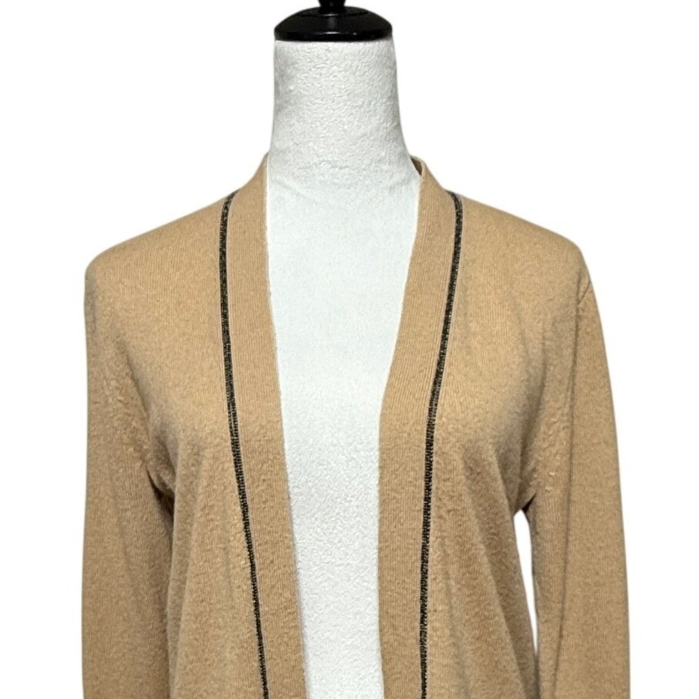 Neiman Marcus Cardigan Women Medium Tan Brown Cashmere Beaded Open Front Sweater